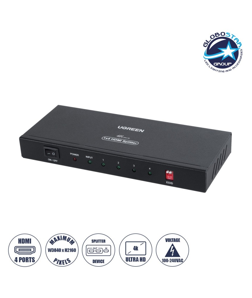GLOBOSTAR® UGREEN-1x4 41019 Ugreen 1x4 All in One 4K HDMI Signal Splitter για LED Video Controllers - Input Signal W3840 x H2160@60Hz - Είσοδος 1 HDMI σε Έξοδο 4 HDMI - AC 220-240V IP20 - Μ17.7 x Π7.5 x Υ2cm - 2 Χρόνια Εγγύηση